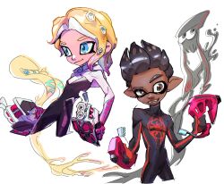 Rule 34 | 1boy, 1girl, black hair, blonde hair, blue eyes, bodysuit, brown eyes, closed mouth, commentary request, crossover, dark-skinned male, dark skin, ddyun 923, highres, holding, holding weapon, inkling, korean commentary, marvel, miles morales, nintendo, octoling, octoling player character, open mouth, pointy ears, simple background, smile, spider-gwen, spider-man: into the spider-verse, spider-man (miles morales), spider-man (series), spider-verse, splatoon (series), weapon, white background