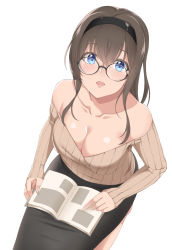 Rule 34 | 1girl, bare shoulders, bespectacled, blue eyes, book, breasts, brown hair, cleavage, downblouse, from above, glasses, headband, highres, idolmaster, idolmaster cinderella girls, looking over eyewear, open mouth, pencil skirt, ribbed sweater, sagisawa fumika, simple background, sitting, skirt, solo, spicy moo, sweater, white background