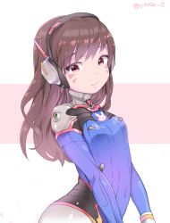 Rule 34 | 1girl, bad id, bad twitter id, bodysuit, brown hair, commentary request, d.va (overwatch), facial mark, gloves, headphones, highres, korean text, long hair, looking at viewer, navel, overwatch, overwatch 1, panza, pilot suit, pink background, pink eyes, signature, simple background, solo, swept bangs, triangle mouth, twitter username, two-tone background, whisker markings, white gloves