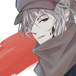 Rule 34 | 1boy, arknights, brown hat, brown scarf, cabbie hat, character request, grey hair, hat, hongchenhuangluqingnanzi, looking at viewer, male focus, material growth, oripathy lesion (arknights), parted lips, red eyes, scarf, simple background, solo, upper body, white background