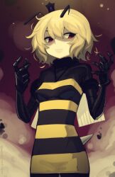 Rule 34 | 1girl, antennae, arthropod girl, artist name, bee girl, black pantyhose, blonde hair, boa (brianoa), commentary, cowboy shot, crown, english commentary, fur collar, fur trim, gauntlets, gloves, highres, insect girl, looking to the side, malifeara (boa), medium hair, original, pantyhose, red eyes, solo, twitter username