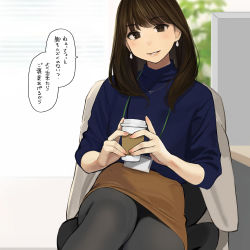 Rule 34 | bad id, bad twitter id, blunt bangs, blurry, blurry background, brown hair, chair, cup, disposable cup, earrings, highres, id card, jewelry, lanyard, office chair, original, pantyhose, pencil skirt, plant, skirt, solo, speech bubble, sweater, swivel chair, translation request, turtleneck, turtleneck sweater, yomu (sgt epper)