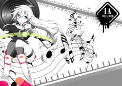 Rule 34 | 1girl, asymmetrical legwear, bare shoulders, blue eyes, boots, holographic interface, ia (vocaloid), long hair, mismatched legwear, musical note, off shoulder, open mouth, single thighhigh, solo, thigh strap, thighhighs, torepan, uneven legwear, very long hair, vocaloid, white hair