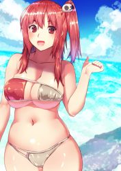 Rule 34 | 1girl, bikini, blue sky, blush, breasts, cleavage, cloud, covered erect nipples, cowboy shot, day, dead or alive, dead or alive 5, eyepatch bikini, hair ornament, highres, honoka (doa), large breasts, long hair, looking at viewer, multi-strapped bikini bottom, multi-strapped bikini top, navel, nishisan (mikurosu), one side up, outdoors, pink hair, red eyes, revision, shadow, skindentation, sky, smile, solo, swimsuit