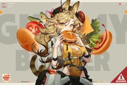 Rule 34 | 1girl, animal ear fluff, animal ears, arknights, bag, black headwear, blonde hair, blush, breasts, burger, cat ears, cat girl, cat tail, cheese, cleavage, clothes around waist, covered navel, cropped jacket, cucumber, eating, food, fur trim, grey background, groin, highleg, highleg leotard, highres, holding, holding food, jacket, large breasts, leotard, long hair, lowleg, onion, open clothes, open jacket, orange leotard, quercus (arknights), rhodes island logo (arknights), shopping bag, solo, su-85 (su 85), tail, text background, tomato, twitter username, underbust, white jacket, yellow eyes