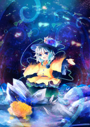 Rule 34 | 1girl, absurdres, arms stretched, blue eyes, crystal, eyeball, female focus, flower, hat, hat flower, highres, kazu (muchuukai), komeiji koishi, outstretched arms, short hair, silver hair, smile, solo, spread arms, third eye, touhou, water