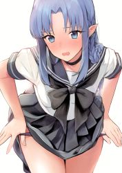 Rule 34 | 1girl, absurdres, alternate costume, artist request, bent over, black neckwear, black skirt, blue eyes, blush, braid, collared shirt, cowboy shot, fate/stay night, fate (series), highres, leaning forward, long hair, looking at viewer, medea (fate), miniskirt, panties, panty pull, pleated skirt, pointy ears, pulling own clothes, purple hair, purple panties, sailor collar, sailor shirt, school uniform, serafuku, shirt, short sleeves, simple background, skirt, solo, underwear, wavy mouth, white background, white shirt