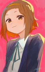 Rule 34 | 1girl, absurdres, bangs pinned back, blue ribbon, brown eyes, brown hair, closed mouth, collared shirt, grey jacket, hairband, highres, jacket, k-on!, looking at viewer, neck ribbon, open clothes, open jacket, red background, ribbon, ryusei hashida, school uniform, shirt, signature, simple background, smile, smug, solo, tainaka ritsu, upper body, white shirt, wing collar