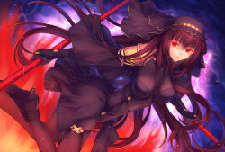Rule 34 | 1girl, black gloves, black hair, bodysuit, breasts, breasts apart, dutch angle, fate (series), fire, floating hair, gloves, gogatsu fukuin, hair ornament, high heels, holding, holding weapon, long hair, looking at viewer, medium breasts, polearm, red eyes, scathach (fate), solo, spear, thunder, very long hair, weapon