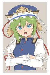 Rule 34 | 1girl, absurdres, asuka shirou, blue eyes, blue hat, blush, commentary, cropped torso, crossed arms, epaulettes, frilled hat, frills, green hair, grey background, hat, highres, long sleeves, looking at viewer, open mouth, shiki eiki, short hair, simple background, solo, touhou, upper body, v-shaped eyebrows