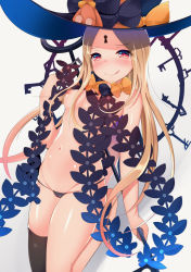 Rule 34 | 1girl, :q, abigail williams (fate), abigail williams (second ascension) (fate), asymmetrical legwear, bare legs, barefoot, black bow, black hat, black panties, black thighhighs, blonde hair, blush, bow, breasts, cameltoe, closed mouth, commentary request, fate/grand order, fate (series), grey background, groin, hand up, hat, hat bow, highres, holding, long hair, looking at viewer, micro panties, navel, nipples, orange bow, panties, parted bangs, red eyes, revealing clothes, single thighhigh, skull print, small breasts, smile, solo, tamano nae, thighhighs, tongue, tongue out, topless, underwear, uneven legwear, very long hair, witch hat