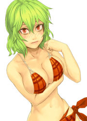 Rule 34 | 1girl, bad id, bad pixiv id, bikini, blush, breast hold, breasts, cleavage, dutch angle, female focus, green hair, kazami yuuka, large breasts, looking at viewer, navel, red eyes, sarong, short hair, simple background, solo, swimsuit, touhou, upper body, yuuji (and)