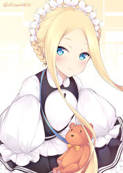 Rule 34 | 1girl, abigail williams (fate), abigail williams (festival outfit) (fate), black skirt, blonde hair, bloomers, blue eyes, blush, braid, breasts, chiyami, closed mouth, dress, fate/grand order, fate (series), forehead, french braid, heroic spirit festival outfit, highres, keyhole, long hair, long sleeves, looking at viewer, maid headdress, official alternate costume, parted bangs, puffy sleeves, skirt, sleeves past fingers, sleeves past wrists, small breasts, smile, solo, stuffed animal, stuffed toy, teddy bear, underwear, white bloomers, white dress