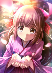 Rule 34 | 10s, 1girl, blurry, blush, bow, brown eyes, brown hair, cherry blossoms, closed mouth, cupping hands, depth of field, floral print, hair bow, hakama, hakama skirt, hands up, idolmaster, idolmaster cinderella girls, japanese clothes, kimono, long hair, looking at viewer, outdoors, own hands together, petals, purple kimono, purple skirt, skirt, smile, solo, sui. (ayase), tareme, yorita yoshino