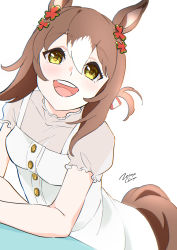 Rule 34 | 1girl, absurdres, animal ears, artist name, blush, breasts, brown hair, clover hair ornament, dress, elbow rest, fine motion (umamusume), hair ornament, highres, horse ears, horse girl, horse tail, looking at viewer, medium hair, multicolored hair, open mouth, shirt, short sleeves, simple background, small breasts, smile, solo, tail, two-tone hair, umamusume, upper body, white background, white dress, white shirt, yellow eyes, zetsuyo chimayo