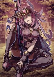 Rule 34 | 1girl, animal ears, armband, boots, breasts, cat ears, cat tail, cleavage, commentary, duel monster, fingerless gloves, gloves, gun, highres, large breasts, long hair, navel, pink hair, revision, rifle, shouma (bravespiritya), sitting, smile, sniper rifle, stomach, tail, thigh boots, tri-brigade ferrijit the barren blossom, weapon, yellow eyes, yu-gi-oh!