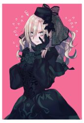 Rule 34 | 1girl, ascot, black ascot, black capelet, black dress, black flower, black gloves, black hat, black rose, black veil, blonde hair, blush, border, capelet, clenched hand, clenched teeth, dress, eyes visible through hair, fate/grand order, fate (series), flower, flying sweatdrops, furrowed brow, gloves, grey eyes, hair flower, hair ornament, hand on own cheek, hand on own face, hand up, hat, katagiri (mighty swing), kriemhild (fate), long hair, long sleeves, looking at viewer, mole, mole under eye, pink background, ponytail, rose, simple background, solo, squiggle, teeth, veil, wavy hair, white border