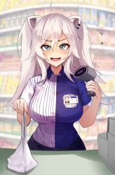 Rule 34 | 1girl, @ @, absurdres, animal ears, bag, blue shirt, blurry, blush, breasts, convenience store, cowboy shot, green eyes, highres, hololive, indoors, large breasts, lion ears, long hair, looking at viewer, nervous, open mouth, plastic bag, remirii, scanner, shirt, shishiro botan, shop, short sleeves, silver hair, smile, solo, standing, striped clothes, striped shirt, sweat, twintails, uniform, virtual youtuber