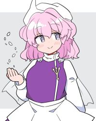 Rule 34 | 1girl, blush, closed mouth, grey eyes, hair between eyes, hat, ini (inunabe00), letty whiterock, light purple hair, long sleeves, purple vest, scarf, shirt, short hair, smile, solo, touhou, upper body, vest, white hat, white scarf, white shirt