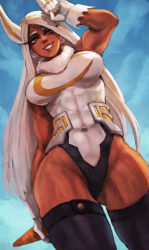 Rule 34 | 1girl, abs, absurdres, animal ears, biceps, black thighhighs, blue sky, boku no hero academia, carrot, commentary, contrapposto, covered navel, crescent print, dark-skinned female, dark skin, day, english commentary, from below, fur collar, gloves, highleg, highleg leotard, highres, impossible clothes, impossible leotard, leotard, lips, long eyelashes, long hair, looking at viewer, mirko, monori rogue, muscular, muscular female, nose, orange eyes, parted bangs, rabbit ears, rabbit girl, rabbit pose, silver hair, sky, smile, solo, standing, taut leotard, thick eyebrows, thick thighs, thighhighs, thighs, very long hair, white gloves, white leotard