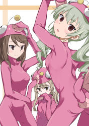 Rule 34 | 10s, 3girls, anchovy (girls und panzer), anglerfish costume, arm behind back, black ribbon, bodysuit, brown eyes, brown hair, closed mouth, commentary request, cowboy shot, drill hair, fish costume, from behind, frown, geregere (lantern), girls und panzer, green hair, hair ribbon, hat, highres, light brown hair, long hair, looking at viewer, looking back, mika (girls und panzer), multiple girls, open mouth, pink bodysuit, pink hat, red eyes, ribbon, shimada arisu, smile, standing, twin drills, twintails