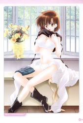 Rule 34 | 00s, 1girl, :o, bandeau, blush, boots, border, bouquet, bra, breasts, brown hair, buttons, cleavage, clothes lift, crossed legs, dated, denim, denim skirt, embarrassed, flower, girls bravo, hair between eyes, hand on own chest, hand under clothes, hand under shirt, high heels, highres, indoors, kojima kirie, lace, lace-trimmed bra, lace-trimmed panties, lace trim, large breasts, legs, lingerie, looking at viewer, mario kaneda, navel, official art, open clothes, open mouth, open shirt, orange eyes, panties, pinky out, ribbon, scan, shirt, shirt lift, shoes, short hair, sitting, skirt, solo, strapless, strapless bra, sunlight, surprised, sweatdrop, tile floor, tiles, tree, underwear, undressing, white bra, white panties, window, yellow bra