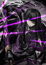 Rule 34 | 1girl, black gloves, black hair, cigarette, e.g.o (project moon), extra eyes, gloves, highres, jacket, limbus company, long hair, long sleeves, looking at viewer, nishikujic, pants, project moon, purple jacket, purple pants, red eyes, ryoshu (project moon), sheath, silk, smoke, solo, spider web, sword, unsheathing, very long hair, weapon