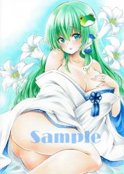Rule 34 | 1girl, arim0k0, ass, bare shoulders, breasts, bride, cleavage, flower, frog hair ornament, green eyes, green hair, hair ornament, hair tubes, hand on own chest, highres, japanese clothes, kimono, kochiya sanae, large breasts, long hair, looking at viewer, parted lips, sample watermark, snake hair ornament, solo, touhou, traditional media, watermark, white flower, white kimono