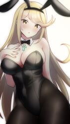 Rule 34 | 1girl, :o, animal ears, arm behind back, bare shoulders, black bow, black bowtie, black leotard, black pantyhose, blonde hair, bow, bowtie, breasts, chest jewel, cowboy shot, fake animal ears, groin, hand on own chest, highres, kwrssbsp, large breasts, leotard, long hair, looking at viewer, mythra (xenoblade), pantyhose, playboy bunny, rabbit ears, simple background, solo, swept bangs, thighs, very long hair, white background, xenoblade chronicles (series), xenoblade chronicles 2