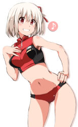 Rule 34 | 1girl, blonde hair, blush, breasts, commentary request, hair ribbon, hand on own hip, long hair, looking at viewer, lycoris recoil, medium breasts, musical note, nishikigi chisato, red eyes, red ribbon, ribbon, short hair, simple background, smile, solo, spoken musical note, sports bra, standing, thighs, train 90, two-tone sports bra, white background