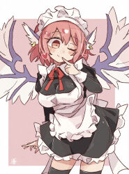 Rule 34 | 1girl, alternate costume, animal ears, apron, bird ears, bird wings, black dress, black thighhighs, blush, closed mouth, cowboy shot, dress, earrings, enmaided, frilled apron, frilled dress, frills, hair between eyes, highres, jewelry, long sleeves, maid, maid apron, maid headdress, minoru minoru, mystia lorelei, one eye closed, pink eyes, pink hair, short hair, signature, smile, solo, thighhighs, touhou, white apron, white wings, wings