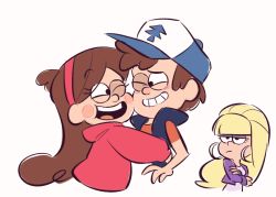 Rule 34 | 1boy, 2girls, baseball cap, blonde hair, blush stickers, brother and sister, brown hair, cheek-to-cheek, crossed arms, dipper pines, earrings, gravity falls, grin, hairband, half-closed eyes, hat, heads together, hug, jealous, jewelry, long hair, mabel pines, multiple girls, official style, one eye closed, open mouth, pacifica northwest, serious, siblings, sketch, sleeveless, sleeveless jacket, smile, sweater, twins, ukata, upper body, white background