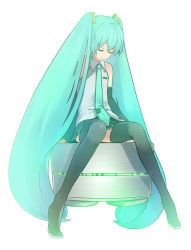 Rule 34 | aqua hair, bad id, bad pixiv id, boots, closed eyes, hatsune miku, long hair, necktie, no nose, sasamori tomoe, sitting, solo, thigh boots, thighhighs, twintails, very long hair, vocaloid