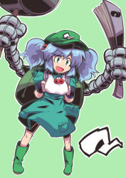 Rule 34 | &gt;:d, 1girl, :d, backpack, bag, blue hair, boots, green eyes, hair bobbles, hair ornament, hat, ichigatsu toshikazu, kawashiro nitori, mallet, mechanical arms, mutsuki riichi, open mouth, short hair, skirt, smile, solo, touhou, twintails, two side up, v-shaped eyebrows