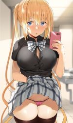 Rule 34 | 1girl, black shirt, blend s, blonde hair, blue eyes, blush, breasts, brown thighhighs, bursting breasts, cellphone, clothes lift, grey neckwear, grey skirt, hair between eyes, hinata kaho, hip focus, large breasts, lifted by self, long hair, looking at viewer, noripachi, open mouth, panties, phone, pink panties, plaid, plaid skirt, shirt, short sleeves, skirt, solo, thighhighs, thighs, twintails, underwear, very long hair