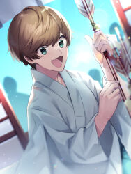 Rule 34 | 1623, 1boy, architecture, blue sky, bow (weapon), clothing request, dankira!!!, east asian architecture, fingernails, green eyes, japanese clothes, light brown hair, looking at viewer, male focus, miki nozomu, mole, mole under eye, open mouth, short hair, sky, smile, solo, weapon