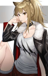 Rule 34 | 1girl, animal ears, arknights, black choker, black jacket, blonde hair, breasts, brown hair, candy, choker, cleavage, commentary request, cowboy shot, food, from side, fur-trimmed jacket, fur trim, head rest, highres, holding, holding candy, holding food, holding lollipop, jacket, knee up, lion, lion ears, lollipop, long hair, looking at viewer, looking to the side, midriff, mouth hold, off shoulder, open clothes, open jacket, open mouth, raitho, red shorts, short shorts, shorts, siege (arknights), sitting, solo, tank top, underwear, weapon, white tank top