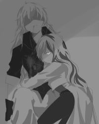 Rule 34 | 2girls, blood, blood from mouth, cropped jacket, fingerless gloves, gloves, greyscale, highres, hug, long hair, looking at viewer, monochrome, multiple girls, neo politan, pants, rwby, shaded face, tight clothes, tight pants, tl (xdd), waist cape, waist hug, yang xiao long