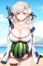 Rule 34 | 10eki (tenchou), 12-gauge, 12-gauge (2 3/4 inch shell), 1girl, absurdres, ammunition, bare shoulders, beach, bikini, blue sky, blush, breasts, center opening, cleavage, cleavage cutout, clothing cutout, cloud, cloudy sky, collarbone, combat shotgun, commentary request, cowboy shot, day, dual-mode shotgun, food, franchi, fruit, girls&#039; frontline, gun, hair ribbon, halterneck, highres, holding, holding food, jacket, large breasts, light smile, long hair, long sleeves, looking at viewer, navel, ocean, official alternate costume, outdoors, pump-action shotgun, pump action, red eyes, ribbon, semi-automatic firearm, semi-automatic shotgun, shotgun, shotgun shell, side-tie bikini bottom, silver hair, sky, smile, solo, spas-12, spas-12 (girls&#039; frontline), spas-12 (midsummer fruit) (girls&#039; frontline), swept bangs, swimsuit, thigh strap, thighs, twintails, watermelon, weapon, white bikini, white jacket