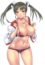 Rule 34 | 10s, 1girl, alternate breast size, bad id, bad pixiv id, bikini, black bikini, breasts, cleavage, clenched hands, collarbone, contrapposto, cowboy shot, female focus, forearms at chest, frown, green eyes, hair ribbon, highres, kantai collection, large breasts, long hair, looking at viewer, navel, nipples, off shoulder, open clothes, open shirt, ribbon, shiny skin, shirt, simple background, skindentation, solo, standing, strap gap, sweat, swimsuit, twintails, untue, zuikaku (kancolle)