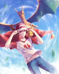 Rule 34 | :&lt;, artist name, bare arms, baseball cap, blue pants, blue sky, brown eyes, brown hair, cape, character name, charizard, closed mouth, clothes writing, cloud, copyright name, creatures (company), day, falling leaves, flame-tipped tail, frown, game freak, gen 1 pokemon, half-closed eyes, hand on another&#039;s head, hand on headwear, hat, leaf, light particles, male focus, motion blur, nintendo, pants, pikachu, pokemon, pokemon (creature), pokemon rgby, pokemon sm, raglan sleeves, red (pokemon), red (pokemon sm), red cape, salamander, shade, shirt, short sleeves, shuryukan, sky, stomach, t-shirt, wind