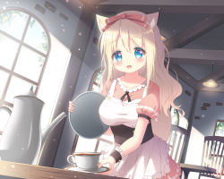Rule 34 | 1girl, :d, animal ears, apron, bad id, bad pixiv id, blonde hair, blue eyes, blue sky, blush, bow, breasts, ceiling light, chair, collarbone, commentary request, cup, day, dress, fang, fox ears, frilled apron, frills, hair between eyes, hair bow, holding, holding saucer, holding tail, indoors, leaning forward, long hair, looking at viewer, medium breasts, open mouth, original, pink dress, pleated dress, puffy short sleeves, puffy sleeves, red bow, satsuki yukimi, saucer, short sleeves, sky, smile, solo, sunlight, table, tail, tea, teacup, teapot, waitress, white apron, window