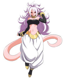 Rule 34 | 1girl, absurdres, ahoge, android 21, arm up, baggy pants, bandeau, bangle, bare shoulders, black footwear, black gloves, black sclera, bracelet, breasts, cleavage, colored sclera, colored skin, commentary request, dragon ball, dragon ball fighterz, earrings, fingerless gloves, full body, gloves, grin, hair between eyes, hair strand, harem pants, highres, jewelry, large breasts, leon (mikiri hassha), long hair, looking at viewer, majin android 21, midriff, navel, pants, pink skin, pointy ears, red eyes, shoes, sidelocks, silver hair, simple background, smile, solo, stomach, strapless, tail, tube top, very long hair, white background