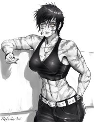 Rule 34 | 1girl, abs, against railing, belt, black hair, black nails, bracelet, breasts, cleavage, earrings, glasses, greyscale, highres, jewelry, jujutsu kaisen, looking at viewer, monochrome, muscular, muscular female, necklace, pants, railing, robusta mania, scar, shadow, short hair, signature, smile, solo, tank top, yellow eyes, zen&#039;in maki