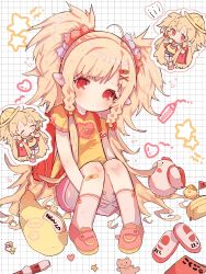 Rule 34 | 1girl, ahoge, animal, arms between legs, backpack, bag, bandaid, bird, blonde hair, blush, braid, candy hair ornament, chicken, child, clothes writing, covering own mouth, flute, food-themed hair ornament, granblue fantasy, hair ornament, hair ribbon, highres, instrument, kokemoco, long hair, looking at viewer, mahira (granblue fantasy), pointy ears, randoseru, red bag, red eyes, red footwear, ribbon, shirt, shoes, short shorts, shorts, simple background, sitting, socks, source request, stuffed animal, stuffed toy, surprised, twin braids, twintails, yellow bag
