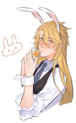 Rule 34 | 1boy, aglovale (granblue fantasy), alcohol, animal ears, black vest, blonde hair, blush, closed mouth, cropped torso, cup, drinking glass, fake animal ears, granblue fantasy, grey necktie, hair between eyes, highres, holding, holding cup, long hair, looking at viewer, male focus, necktie, orange eyes, rabbit ears, shirt, shot glass, simple background, solo, tokikane mikan, upper body, vest, white background, white shirt, wrist cuffs