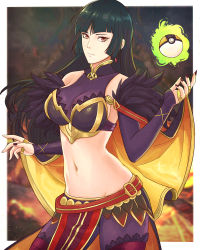 Rule 34 | 1girl, absurdres, armor, black feathers, black hair, black sleeves, breastplate, breasts, cape, cleavage, commission, cosplay, creatures (company), earrings, expressionless, feathers, fire, fire emblem, fire emblem heroes, game freak, green fire, highres, jewelry, large breasts, long hair, looking at viewer, navel, nintendo, orange cape, pelvic curtain, poke ball, pokemon, pokemon lgpe, red eyes, red legwear, sabrina (pokemon), sonya (fire emblem gaiden), sonya (fire emblem gaiden) (cosplay), telekinesis, truejekart, ultra ball