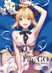 Rule 34 | 1991 (blz), 1girl, areola slip, armpits, artoria pendragon (all), artoria pendragon (fate), black bow, black neckwear, black ribbon, blonde hair, blue background, bow, breasts, cover, cowboy shot, detached collar, fate/grand order, fate/unlimited codes, fate (series), flower, gloves, green eyes, groin, hair bow, highres, lily (flower), looking at viewer, lying, medium breasts, no panties, on back, ribbon, saber lily, short hair, skirt, solo, sweat, white gloves, white ribbon, white skirt