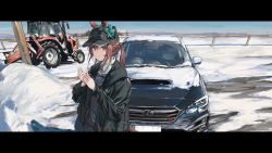 Rule 34 | 1girl, absurdres, animal ears, artist name, asama (drift in), baseball, black jacket, car, closed mouth, day, ears through headwear, fence, highres, horse ears, horse girl, horse tail, jacket, letterboxed, long hair, long sleeves, looking at viewer, mejiro dober (umamusume), motor vehicle, mountainous horizon, open clothes, open jacket, outdoors, own hands together, pants, ponytail, purple eyes, snow, solo, standing, subaru (brand), subaru wrx, tail, tractor, umamusume, upper body, vehicle request, watermark