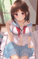 Rule 34 | 1girl, arm support, bare shoulders, blue sailor collar, blue skirt, blush, bow, bow bra, bra, breasts, brick wall, brown hair, closed mouth, collarbone, commentary request, day, hand up, highres, holding, indoors, long hair, looking at viewer, medium breasts, minato ojitan, navel, neckerchief, off shoulder, open clothes, open shirt, original, panties, parted bangs, pleated skirt, red eyes, red neckerchief, sailor collar, school uniform, serafuku, shirt, short sleeves, sitting, skirt, smile, stethoscope, underwear, white bra, white panties, white shirt, window